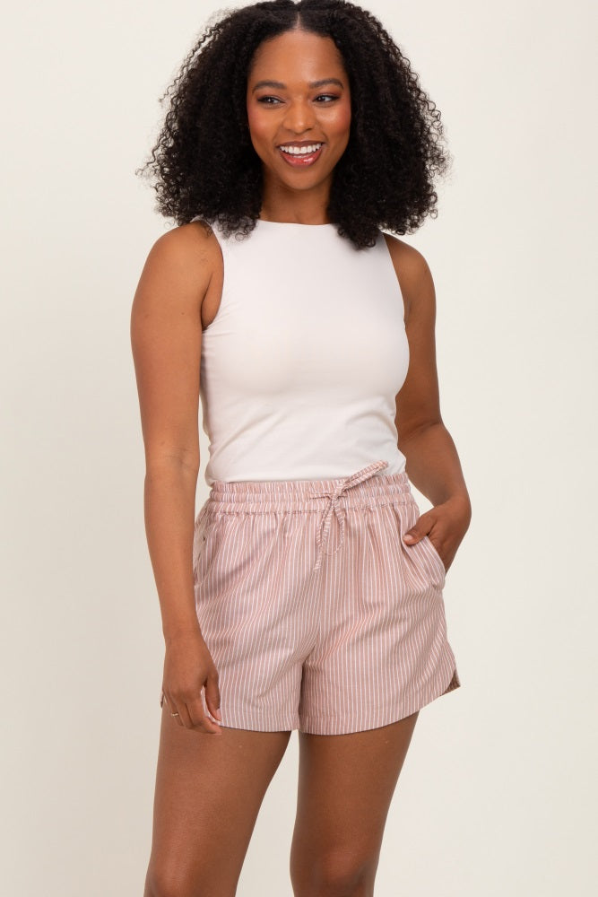 Camel Striped Round Hem Drawstring Maternity Shorts