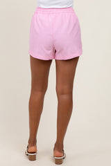 Pink Striped Round Hem Drawstring Shorts