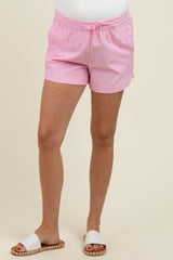 Pink Striped Round Hem Drawstring Maternity Shorts
