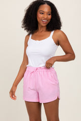 Pink Striped Round Hem Drawstring Maternity Shorts