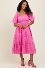 Pink Textured Floral Short Sleeve Maternity  Midi Dress