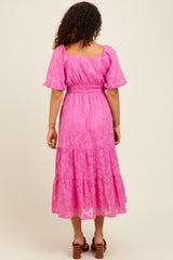 Pink Textured Floral Short Sleeve Maternity  Midi Dress