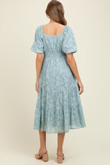 Light Blue Textured Floral Short Sleeve Maternity Midi Dress