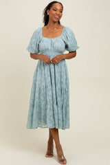 Light Blue Textured Floral Short Sleeve Midi Dress