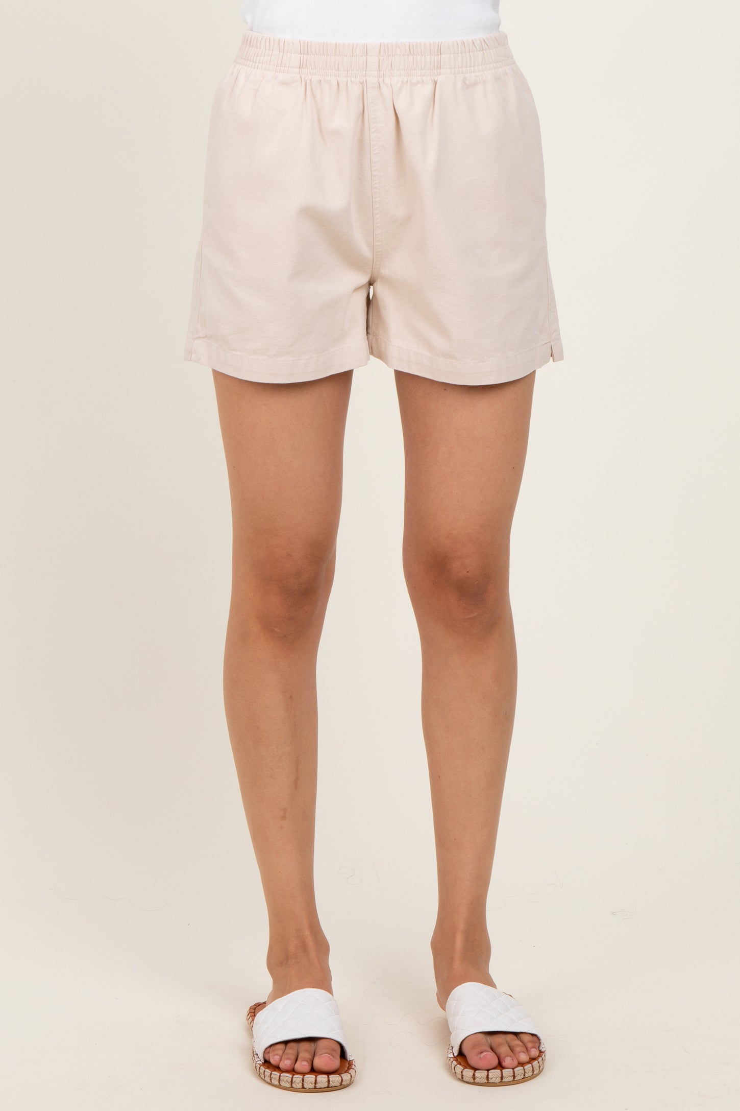 Beige Woven Cotton Shorts