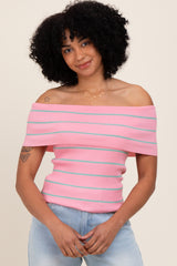Light Pink Striped Off The Shoulder Sweater Top