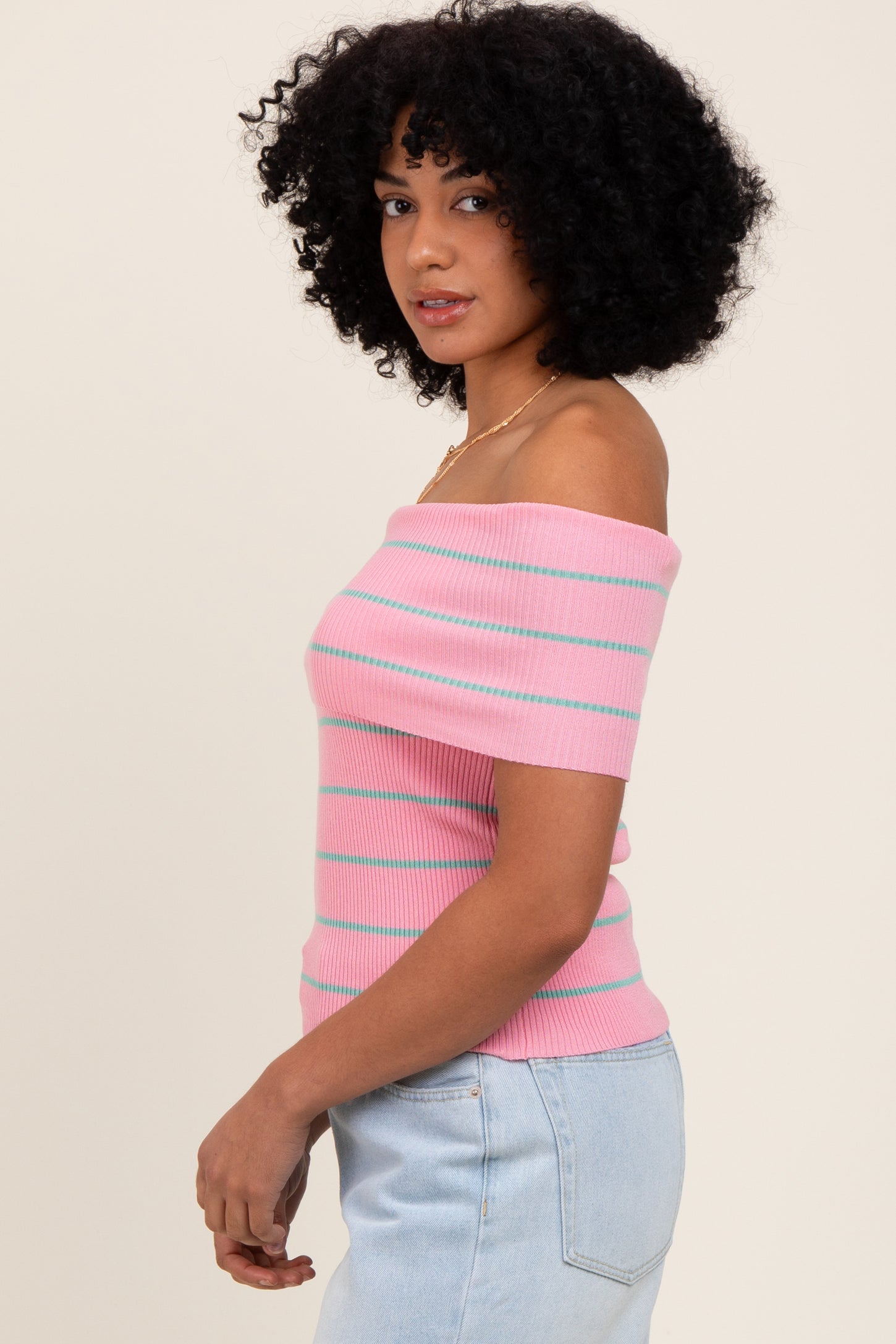 Light Pink Striped Off The Shoulder Sweater Top