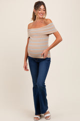 Taupe Striped Off The Shoulder Sweater Maternity Top