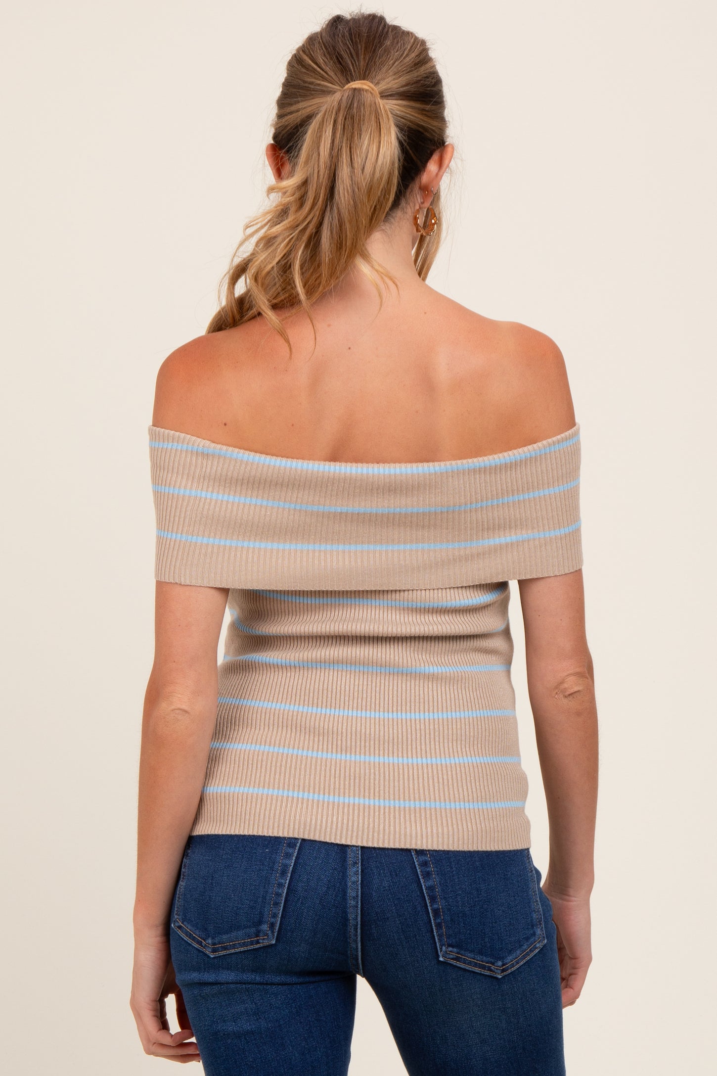 Taupe Striped Off The Shoulder Sweater Maternity Top