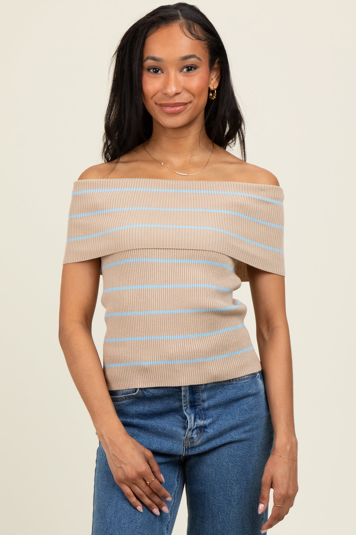 Taupe Striped Off The Shoulder Sweater Maternity Top