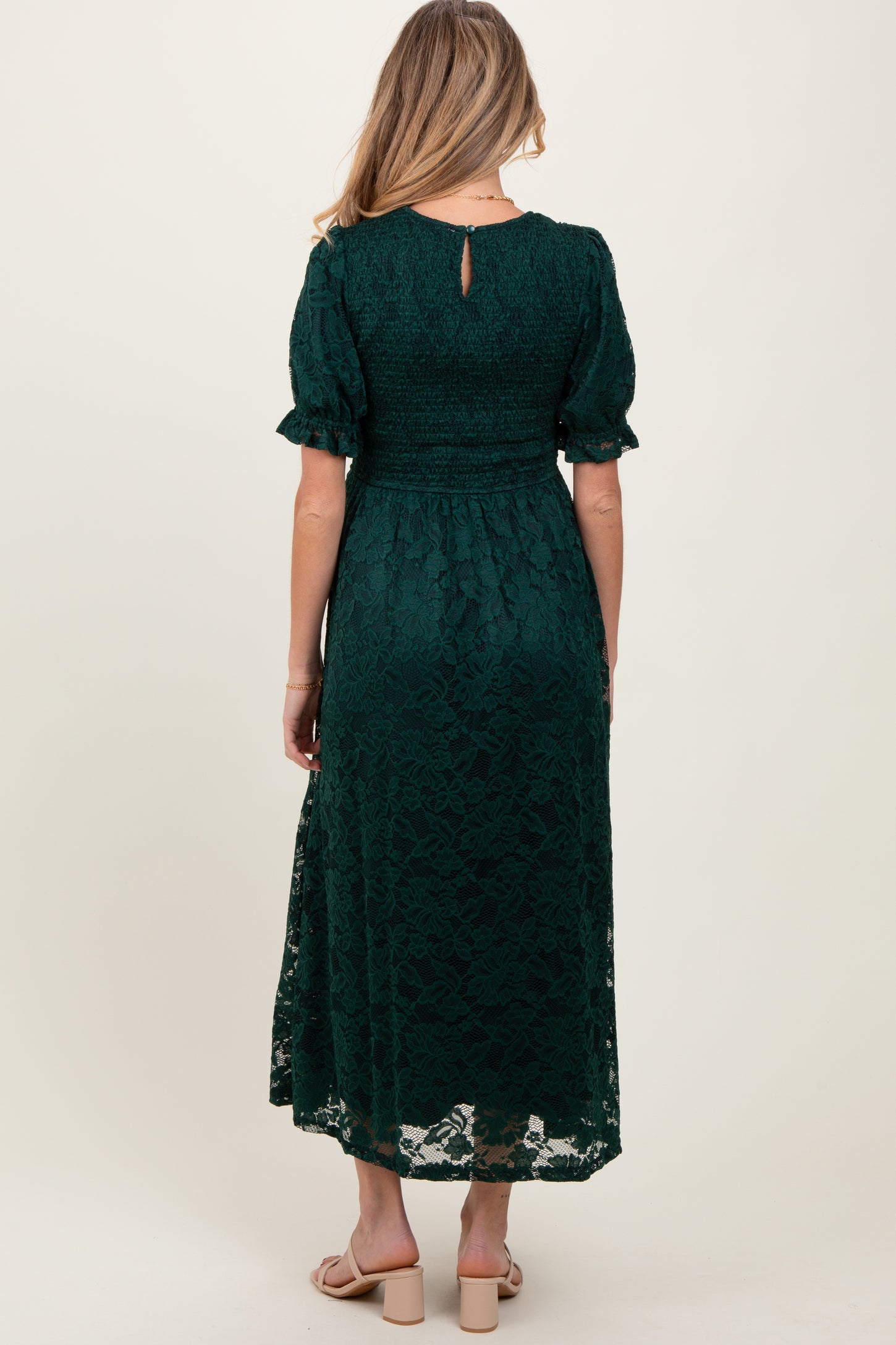 Forest Green Lace Smocked Short Sleeve Maternity Midi Dress PinkBlush Forest Green Lace Smocked Short Sleeve Maternity Midi Dress PinkBlush