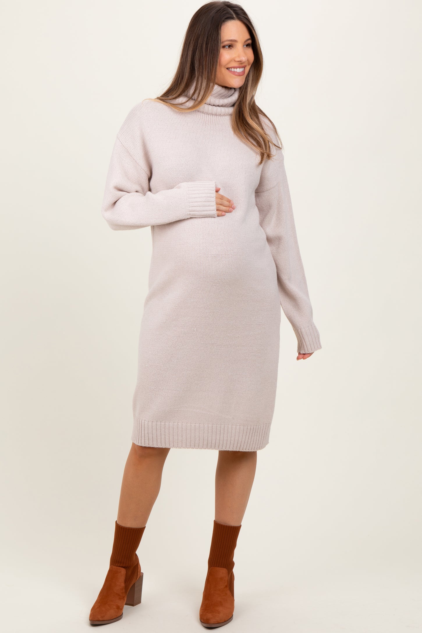 Beige Turtleneck Side Slit Maternity Midi Sweater Dress Beige Turtleneck Side Slit Maternity Midi Sweater Dress