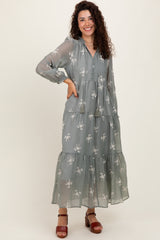 Gray Embroidered Tassel Tie Tiered Maternity Midi Dress