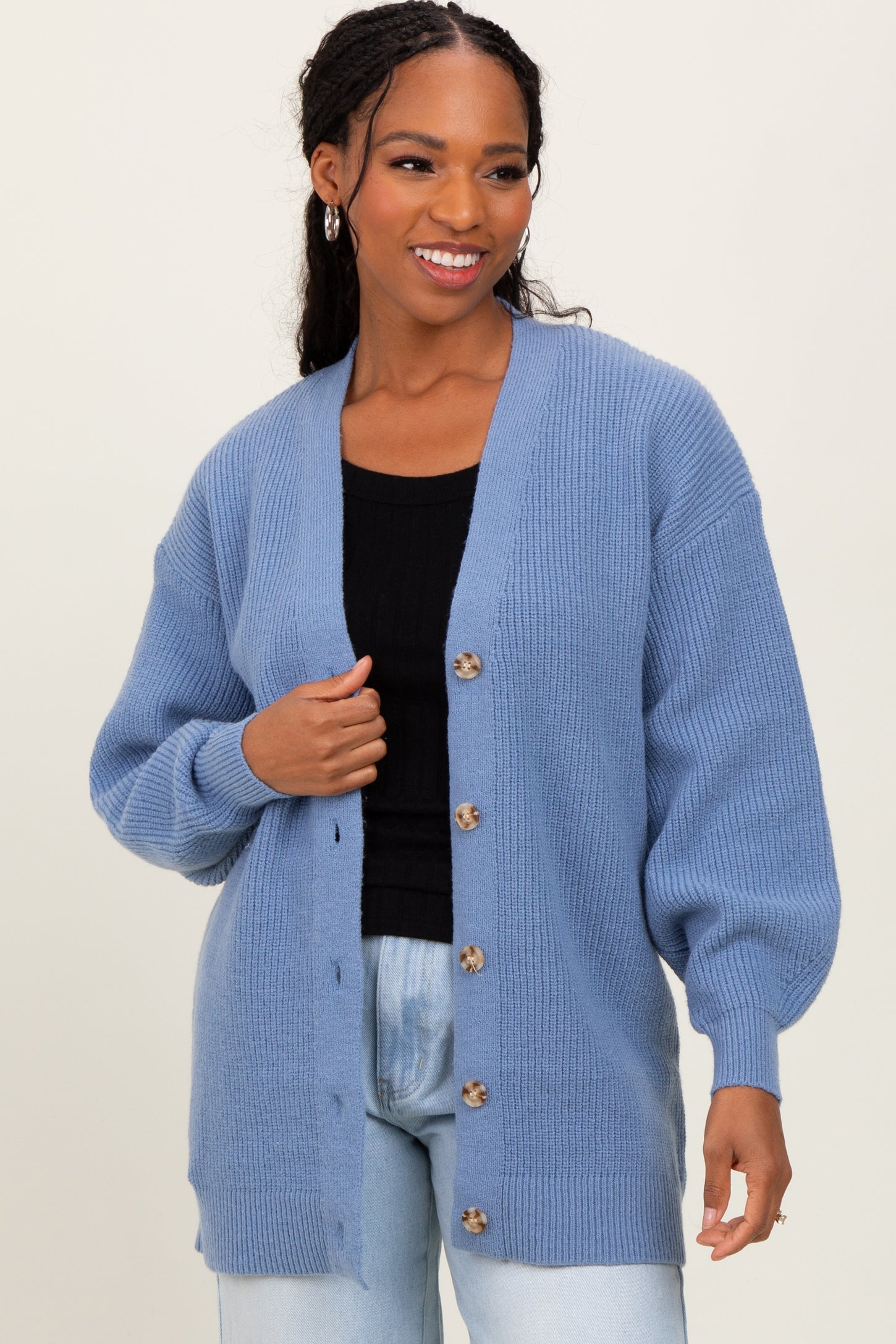 Blue Knit Oversized Button Down V-Neck Cardigan