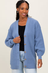 Blue Knit Oversized Button Down V-Neck Cardigan