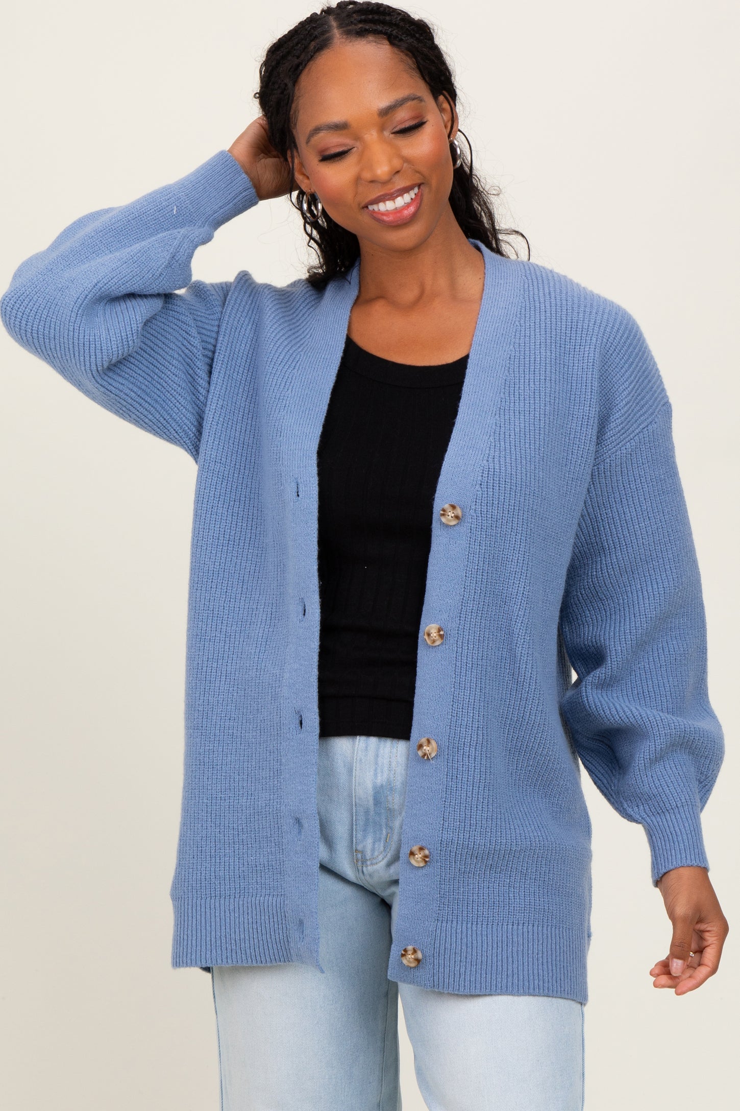 Blue Knit Oversized Button Down V-Neck Cardigan