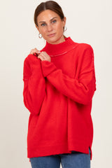 Red Mock Neck Contrast Seam Sweater
