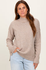 Light Taupe Mock Neck Contrast Seam Maternity Sweater
