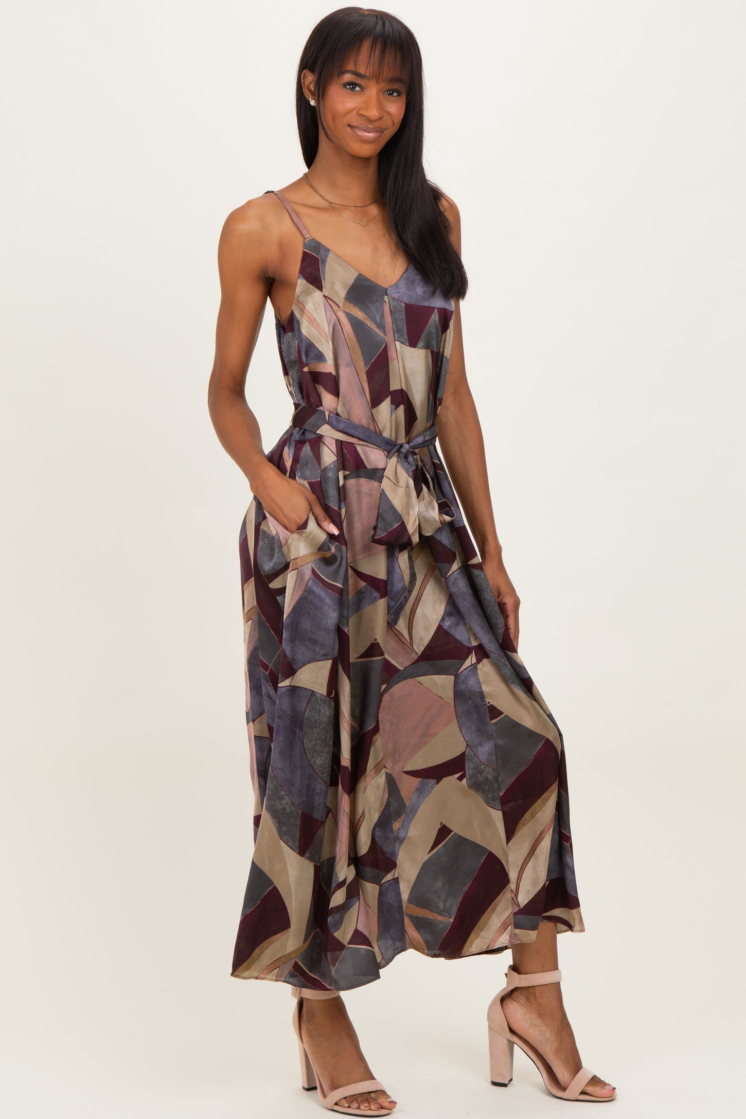 Multicolor Abstract Print Sash Tie Maxi Dress