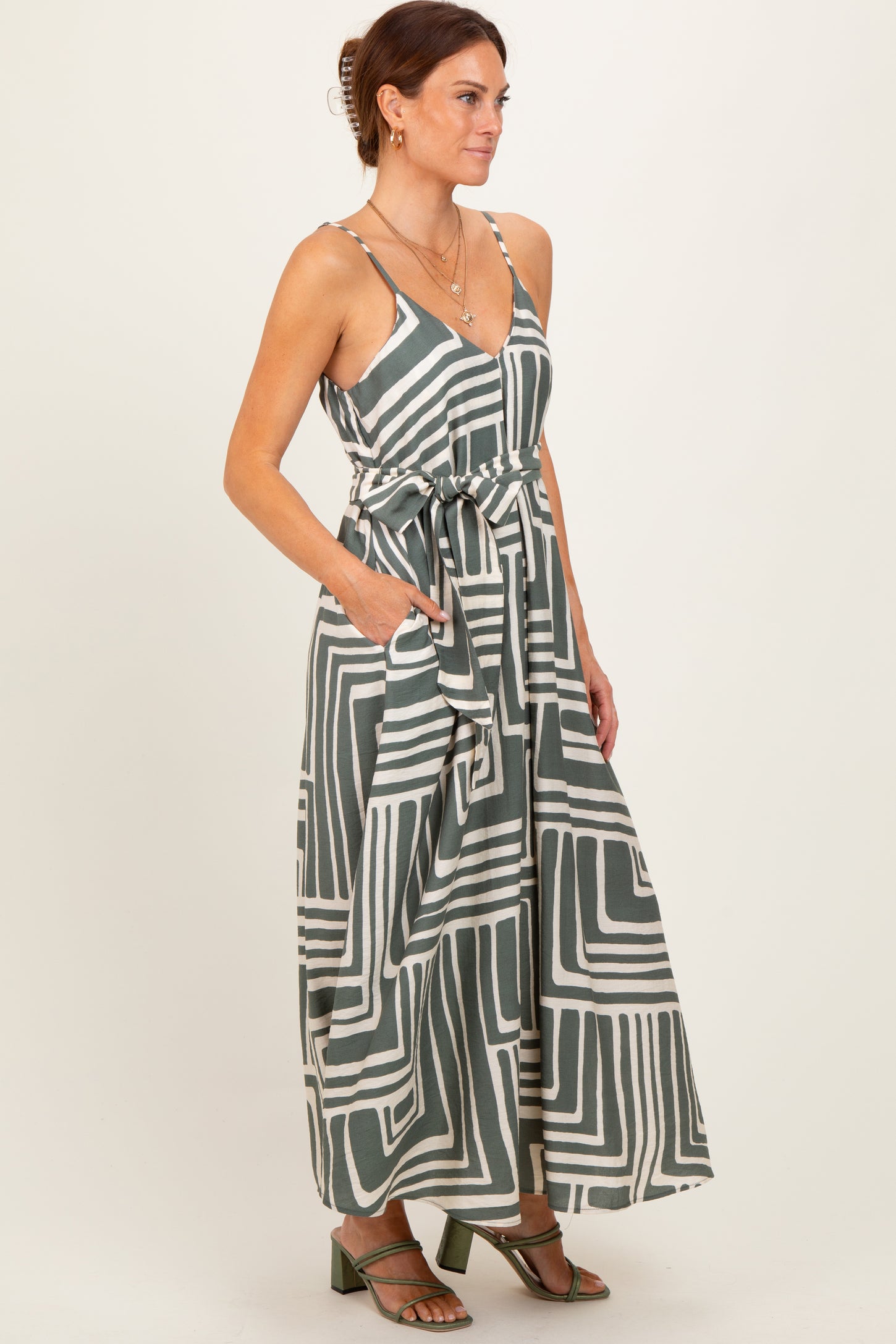 Light Olive Geometric Print Sash Tie Maxi Dress