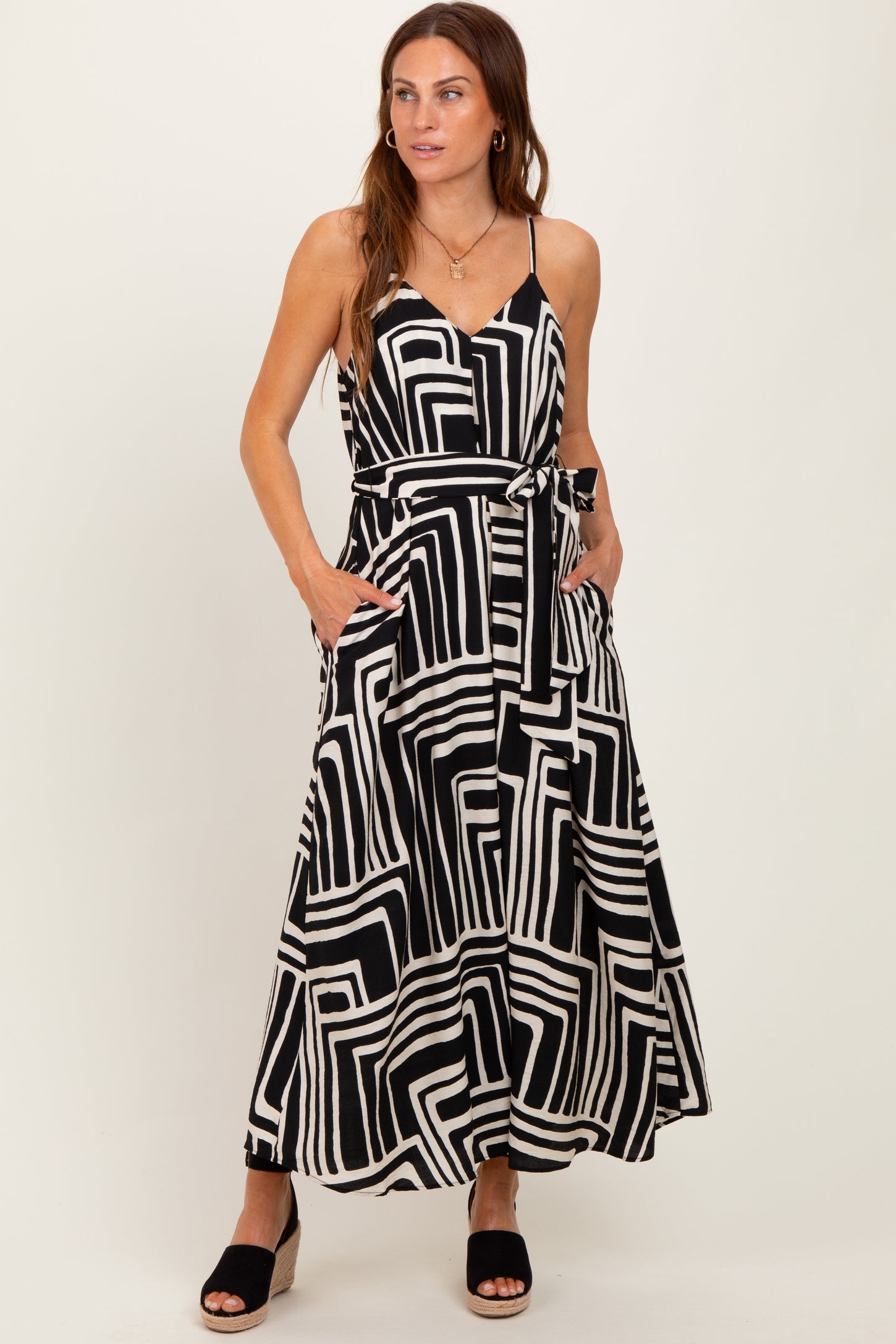 Black Geometric Print Sash Tie Maxi Dress