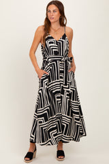 Black Geometric Print Sash Tie Maxi Dress