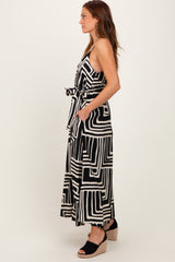 Black Geometric Print Sash Tie Maxi Dress