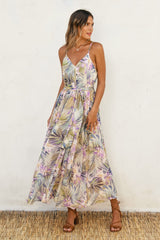 Lavender Tropical Floral Sash Tie Maxi Dress