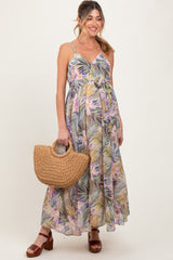 Lavender Tropical Floral Sash Tie Maternity Maxi Dress