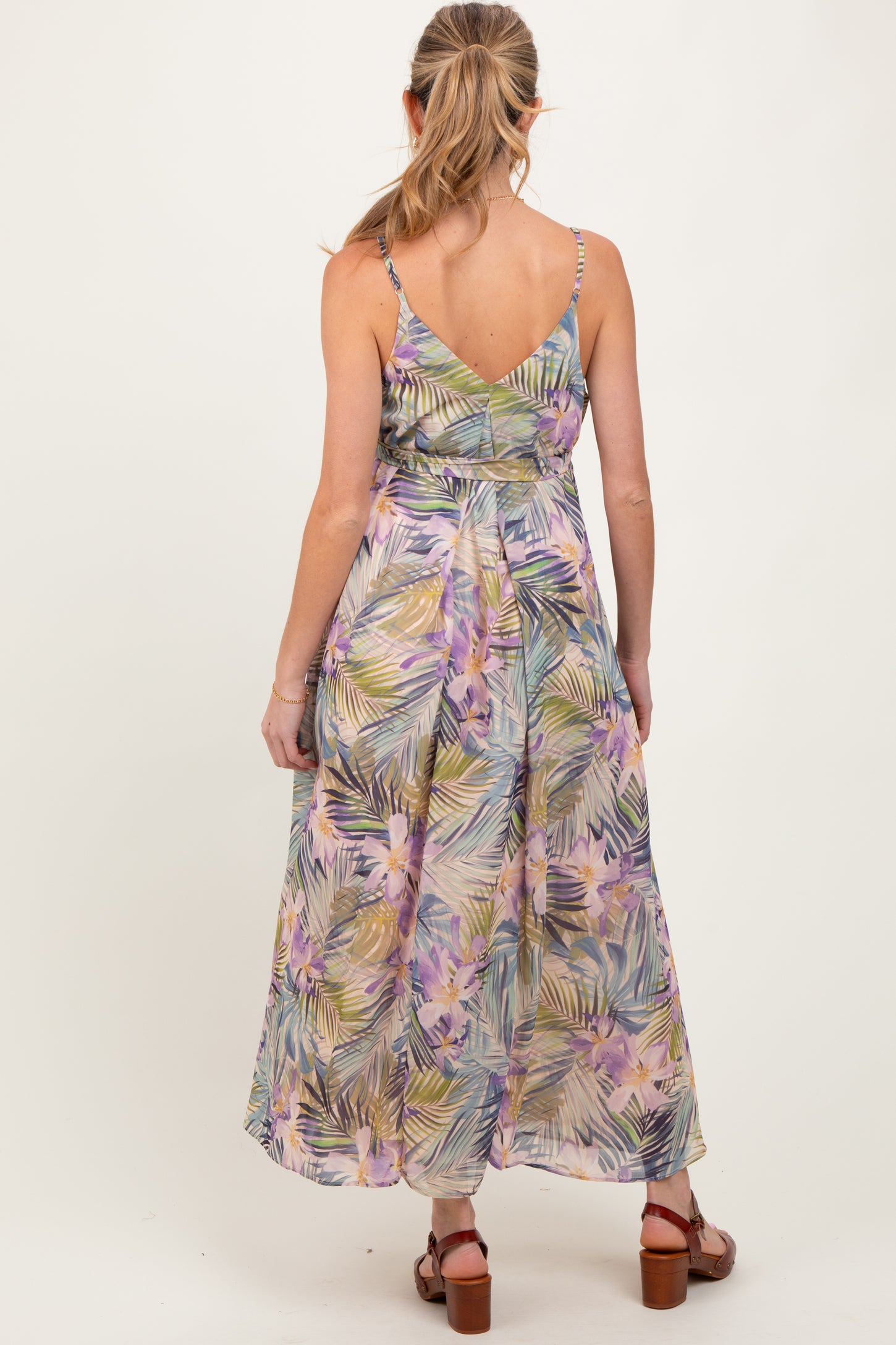 Lavender Tropical Floral Sash Tie Maternity Maxi Dress