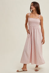 Red Striped Shoulder Tie Smocked Maternity Maxi Dress