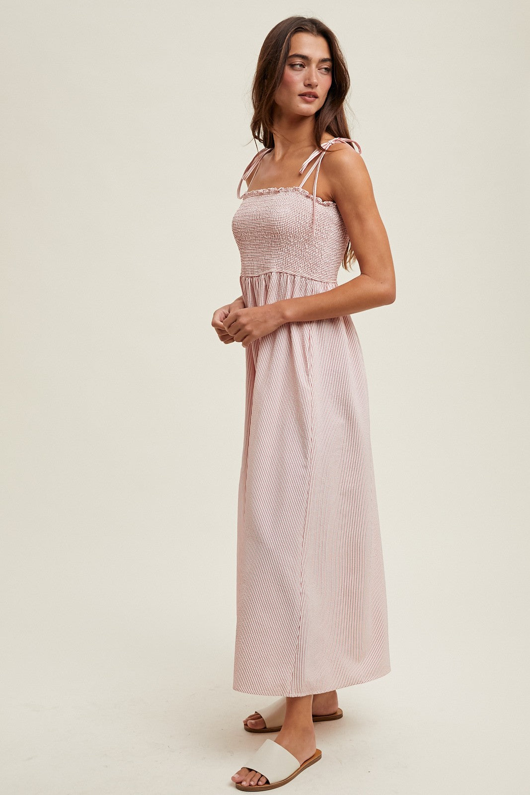 Red Striped Shoulder Tie Smocked Maxi Dress
