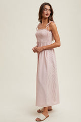 Red Striped Shoulder Tie Smocked Maxi Dress