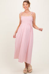 Red Striped Shoulder Tie Smocked Maternity Maxi Dress