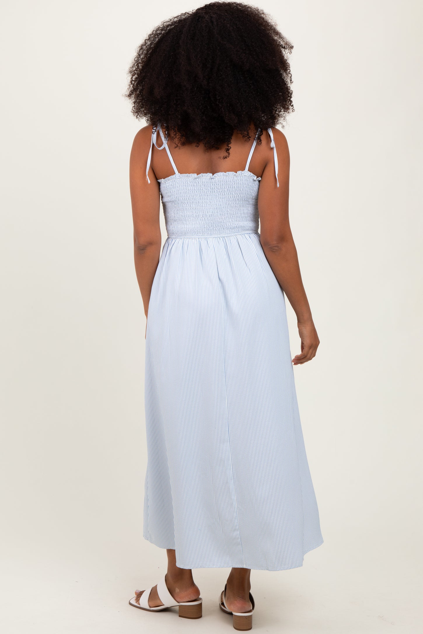 Blue Striped Shoulder Tie Smocked Maxi Dress