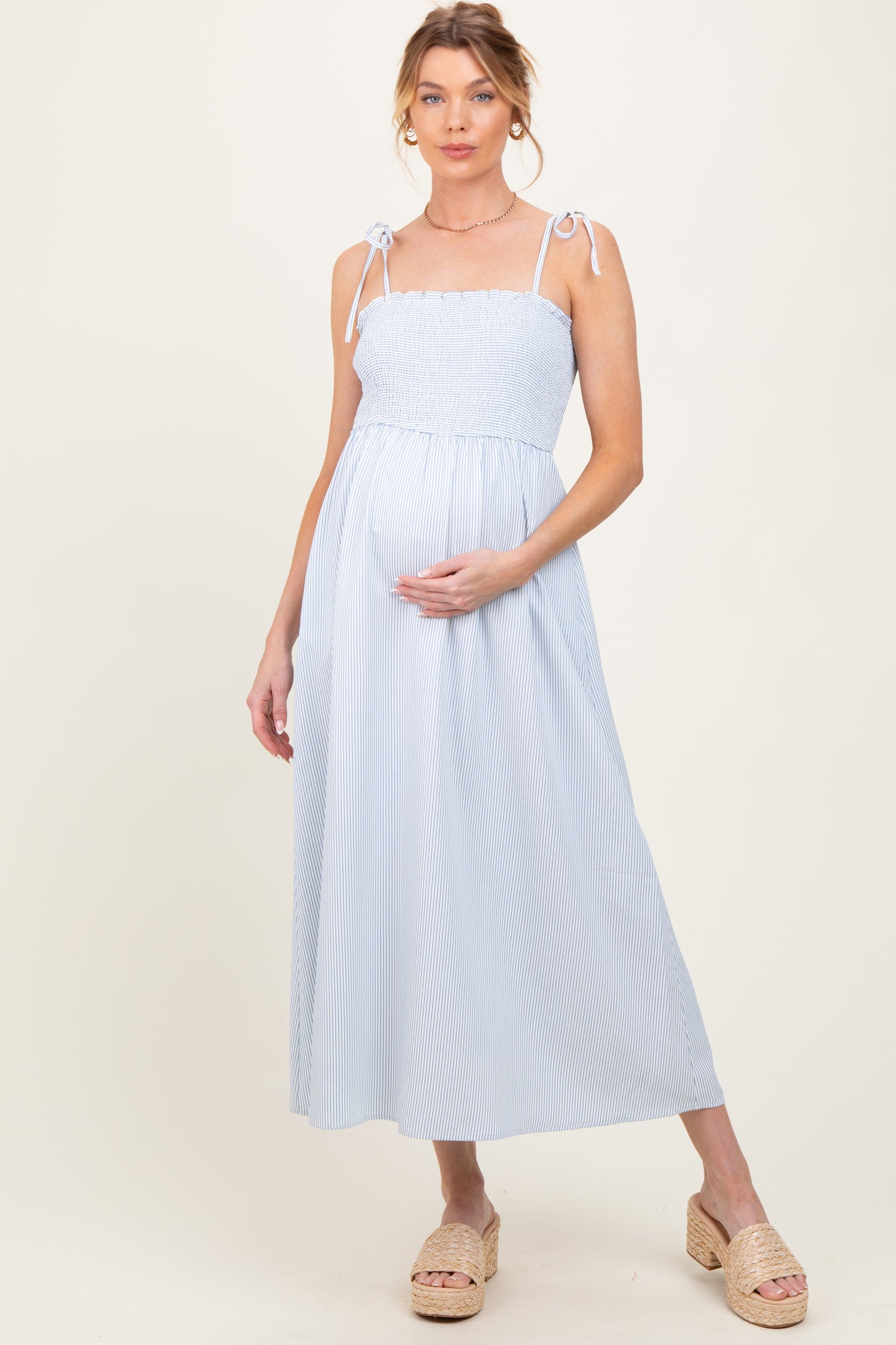 Blue Striped Shoulder Tie Smocked Maternity Maxi Dress