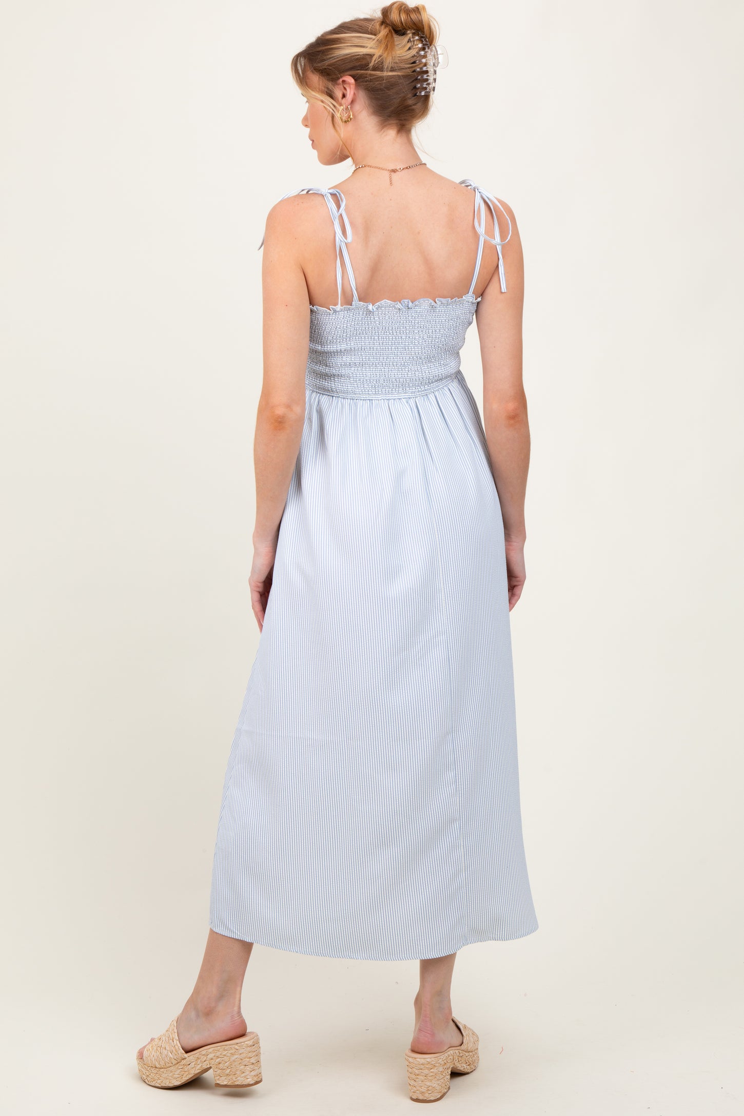 Blue Striped Shoulder Tie Smocked Maternity Maxi Dress