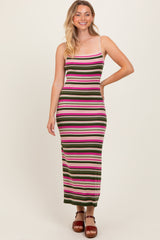 Pink Multi Stripe Ribbed Knit Fitted Midi Dress