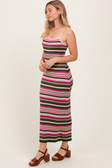 Pink Multi Stripe Ribbed Knit Fitted Midi Dress