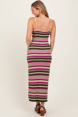 Pink Multi Stripe Ribbed Knit Fitted Midi Dress