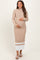 woman wearing a beige ribbed maternity maxi dress with white stripe details and holding her baby bump