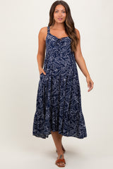 Navy Floral Outline Print Sleeveless Maternity Midi Dress