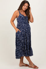 Navy Floral Outline Print Sleeveless Maternity Midi Dress