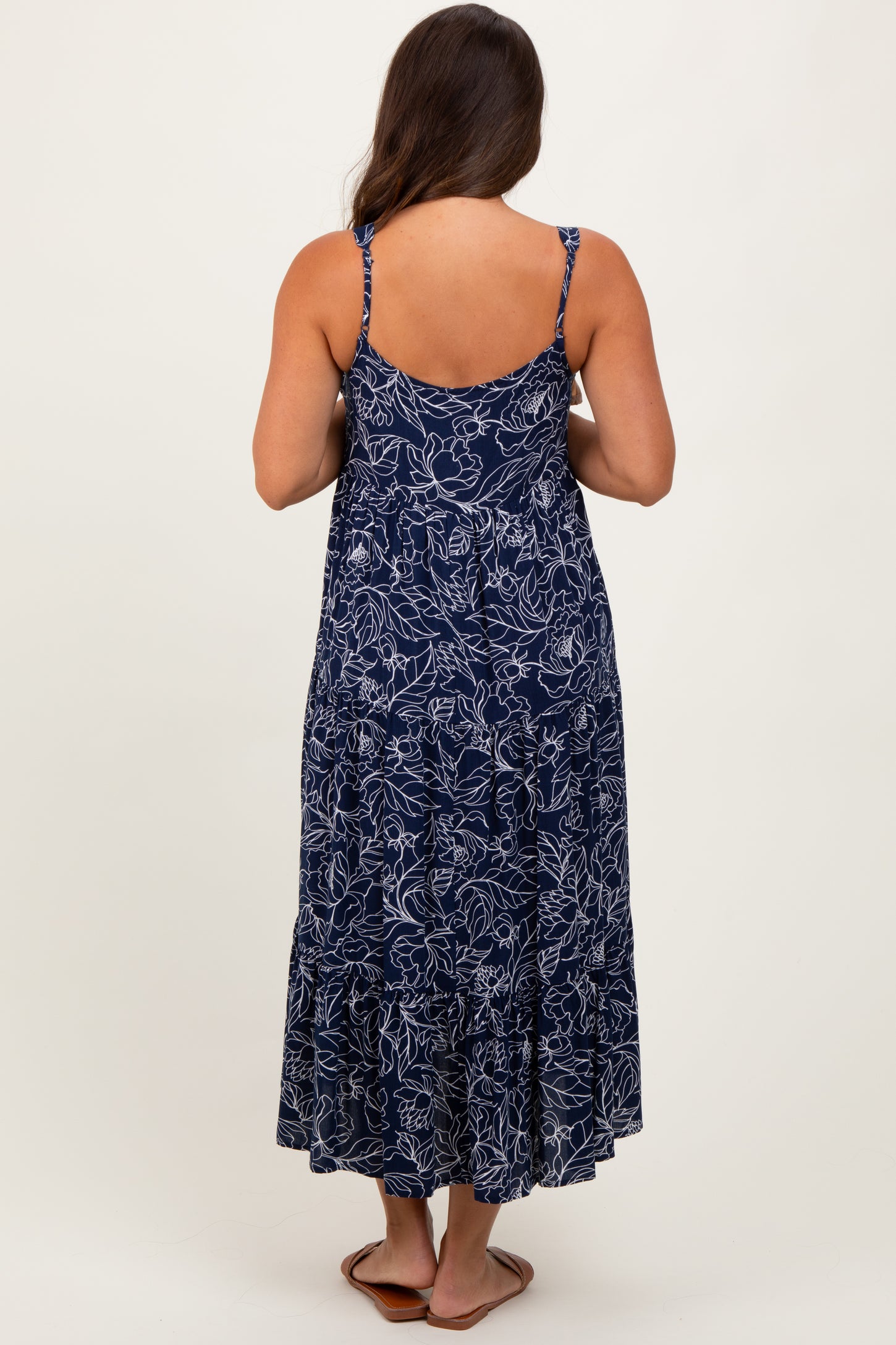 Navy Floral Outline Print Sleeveless Maternity Midi Dress