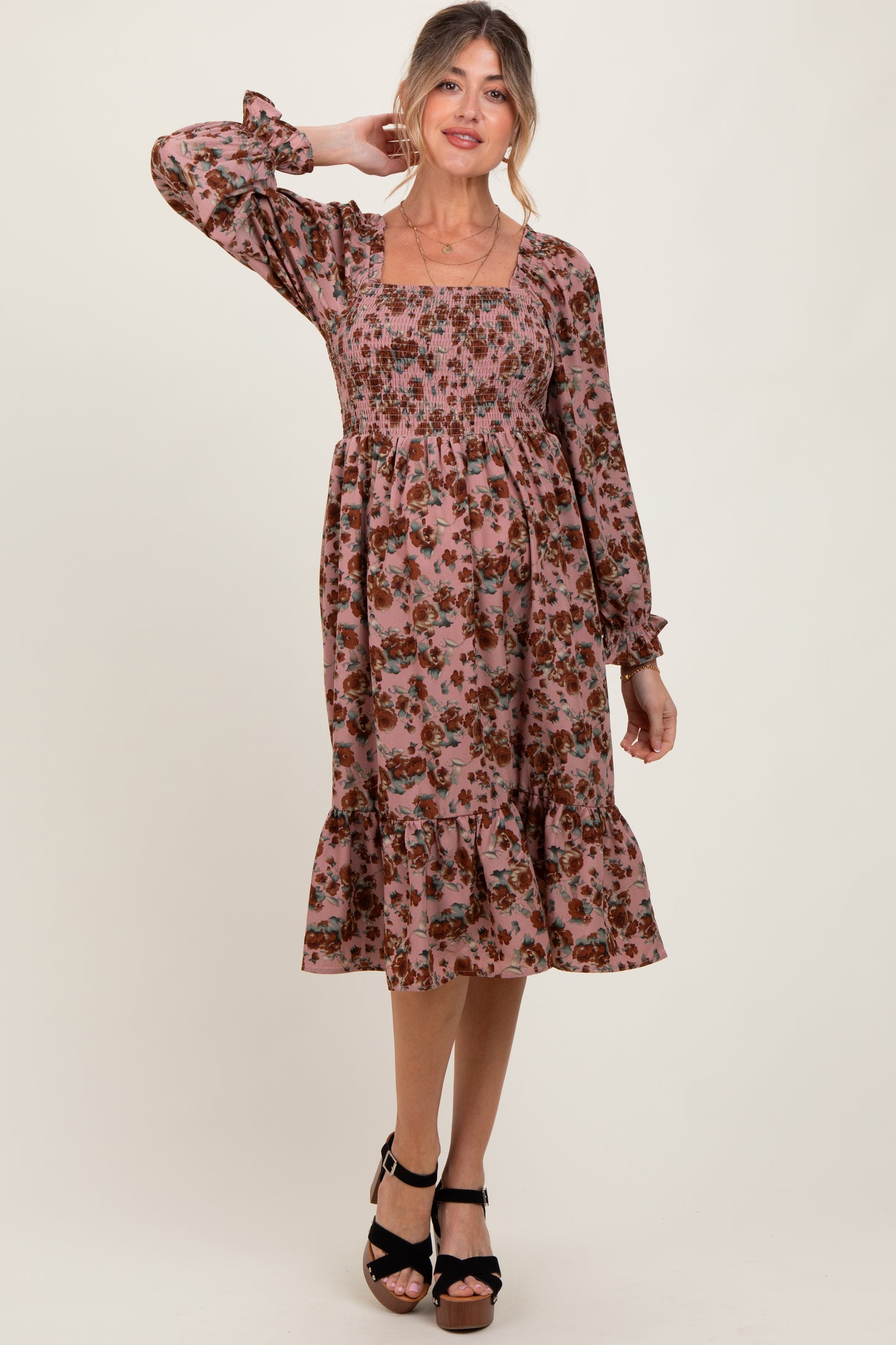 Mauve Rose Smocked Velvet Bow Tie Maternity Midi Dress