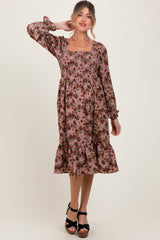 Mauve Rose Smocked Velvet Bow Tie Maternity Midi Dress