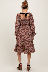 Mauve Rose Smocked Velvet Bow Tie Maternity Midi Dress