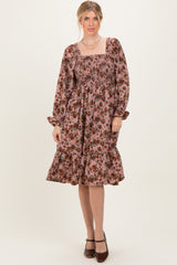 Mauve Rose Smocked Velvet Bow Tie Midi Dress