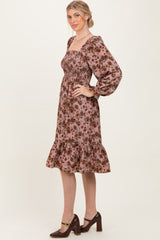 Mauve Rose Smocked Velvet Bow Tie Midi Dress