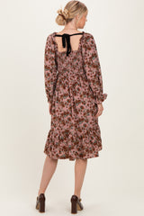 Mauve Rose Smocked Velvet Bow Tie Midi Dress